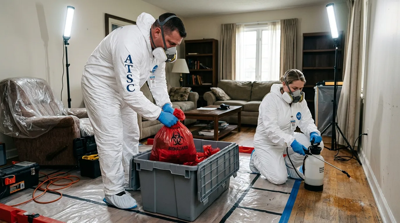 Professional Hoarding Cleanup technician in full PPE working in Berkeley